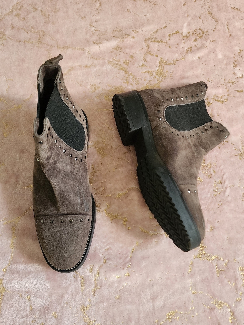 FANTASY SHOES | Suede Studded Chelsea Boots in Taupe